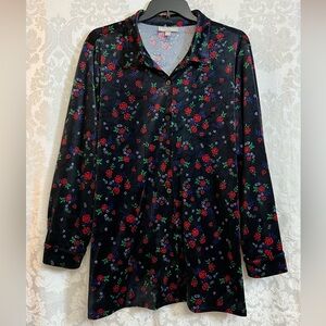 Woman Within Black Floral Velour Button Up Long Sleeve Shirt Plus Size 3X EUC